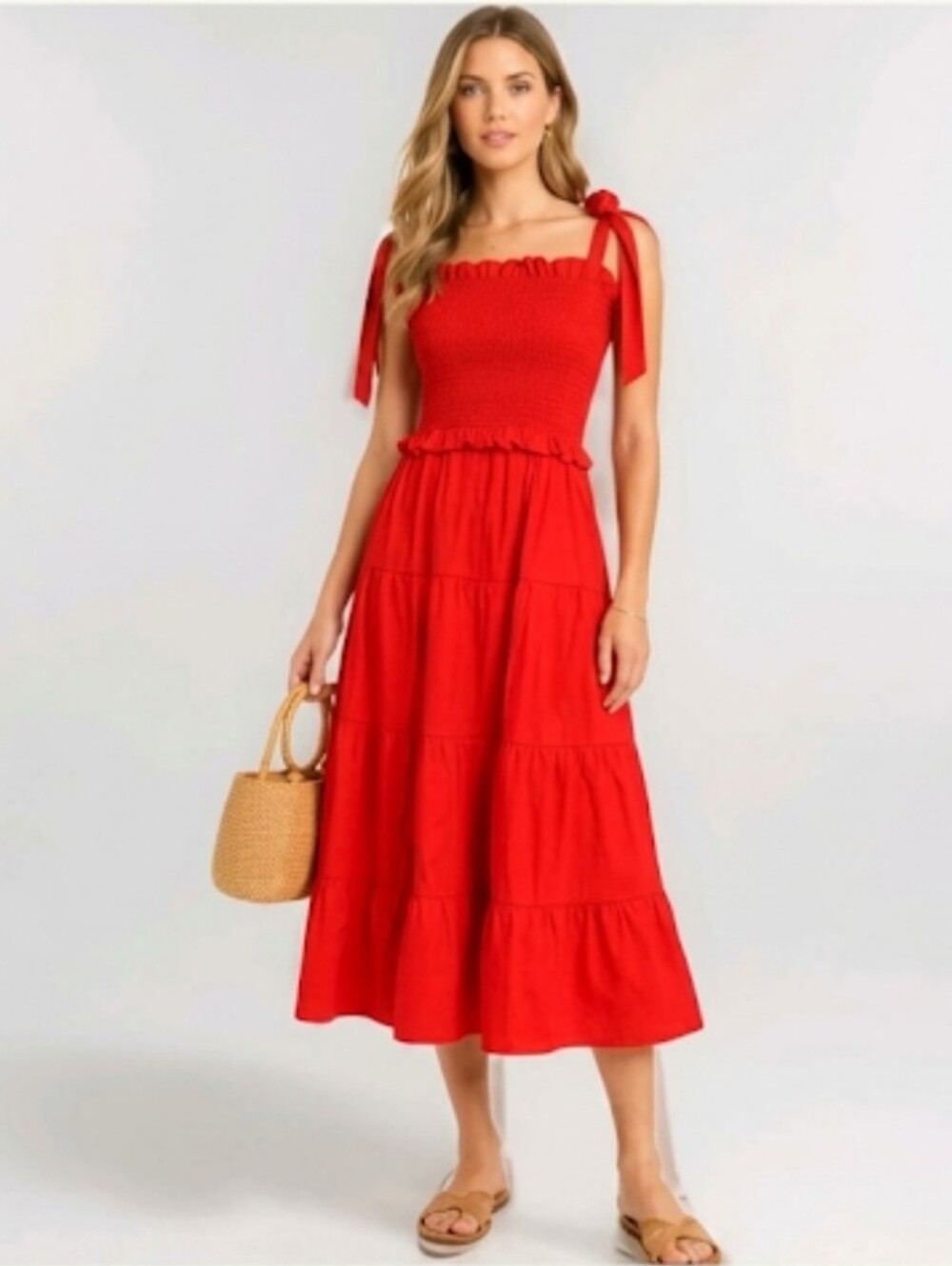Tuckernuck Poppy Red Smocked Tie Strap Tiered Poplin Midi Dress Medium EUC